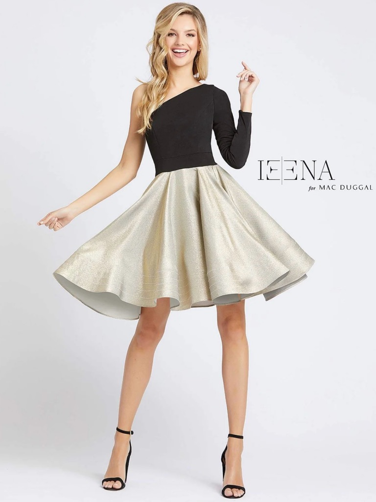 Mac Duggal Ieena Black Gold One Shoulder A-Line Dress With Pockets